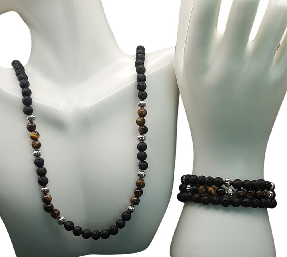 NWOT 4 Pc Black Lava Tiger Eye Agate Beaded Jewelry Set Handmade Natural Stone
